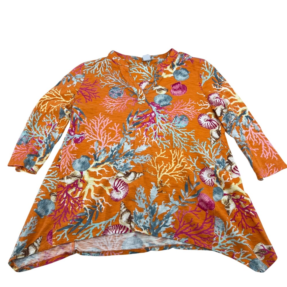 Chicos Orange Coral Seashell Print V-Neck Tunic Top Women's Size‎ 1 M